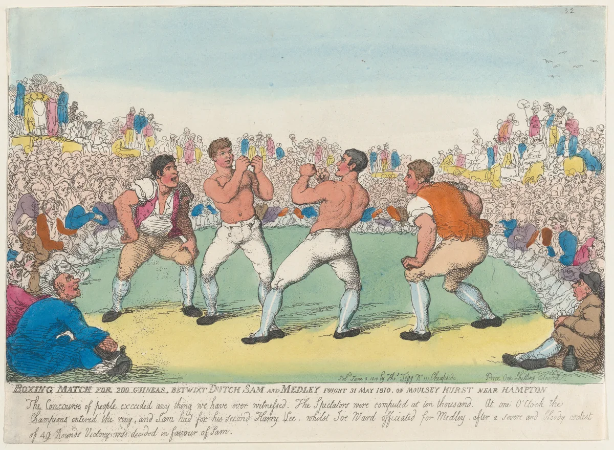 Boxing Match for 200 Guineas, Betwixt Dutch Sam and Medley, Fought 31 May 1810, on Moulsey Hurst Near Hampton by Thomas Rowlandson, print, 1810