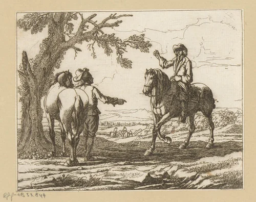 Ruiter groeten elkaar by Georg Philipp Rugendas, print, 1676-1742