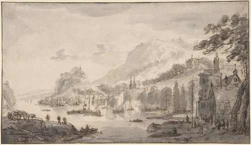 Town by a Large Body of Water by Abraham Rademaker, drawing, 1650-1750