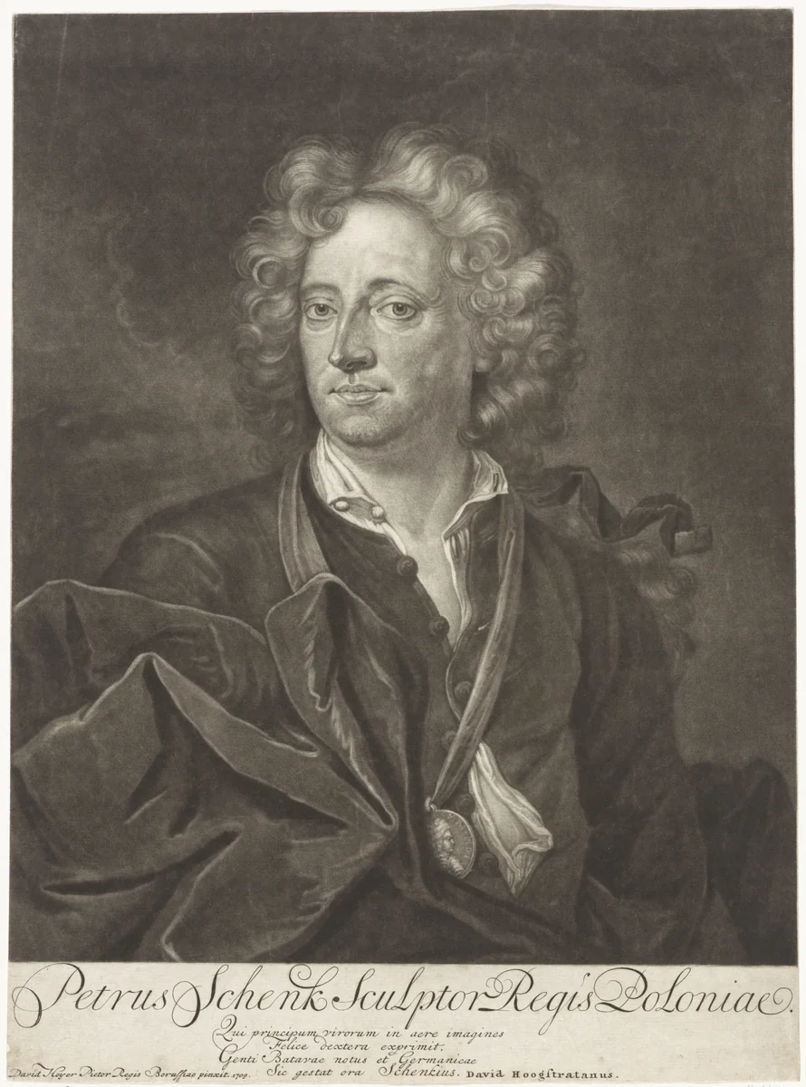 Zelfportret van Pieter Schenk by Pieter Schenk, print, 1709-1713