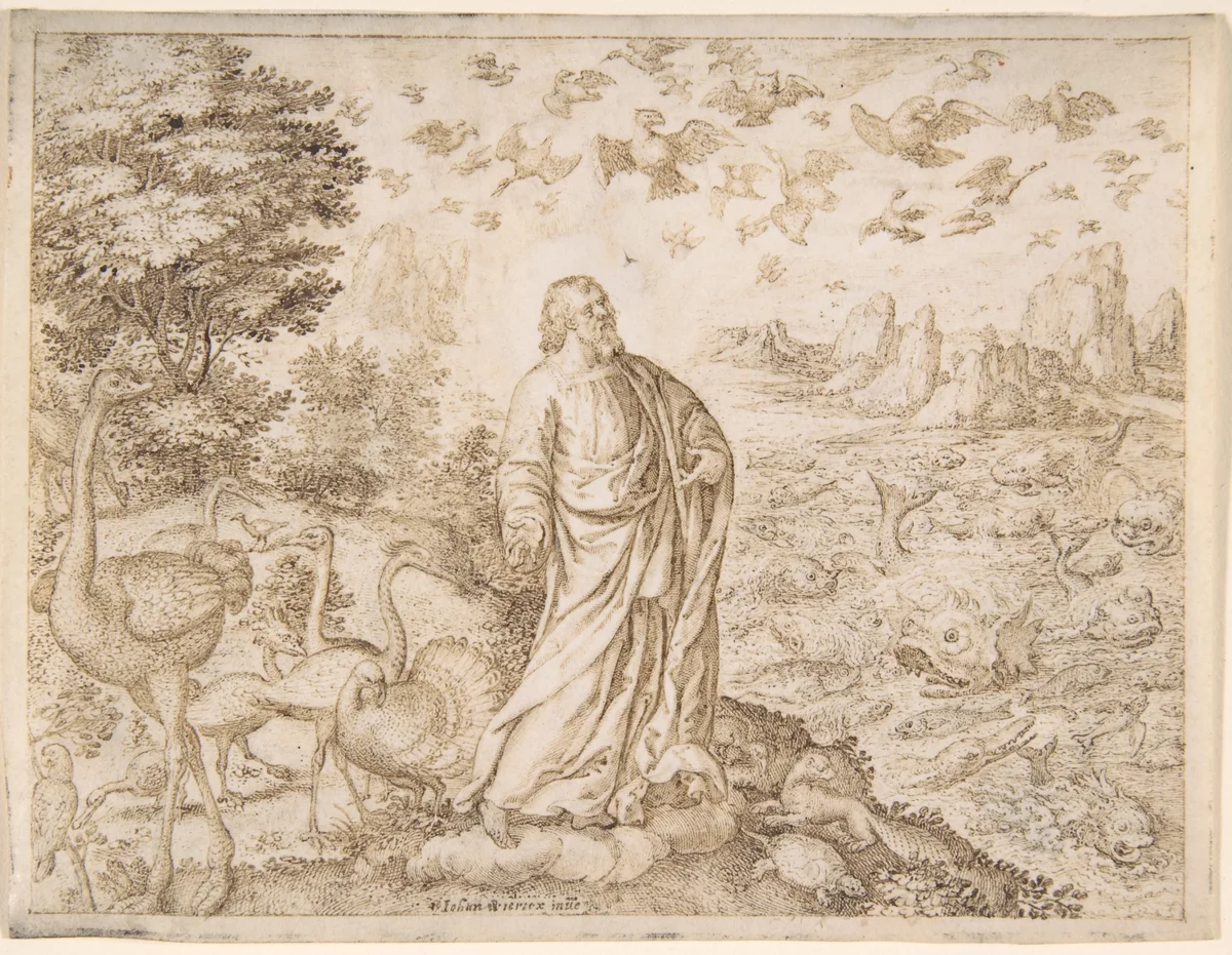The Creation of the Fish and the Birds by Jan Wierix, drawing, 1565-1620