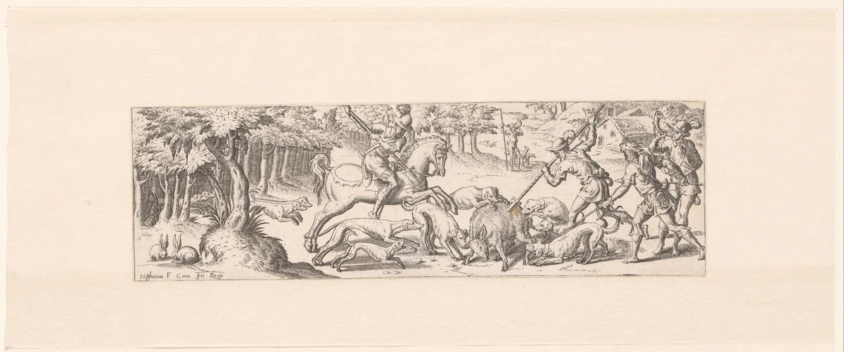 Jacht op wilde zwijnen by Unknown, print, 1528-1583