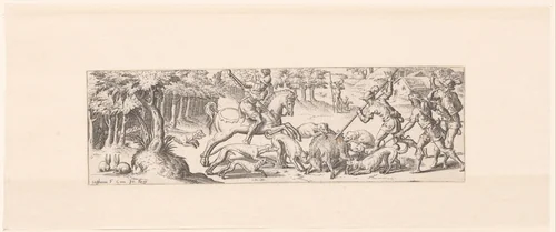 Jacht op wilde zwijnen by Unknown, print, 1528-1583
