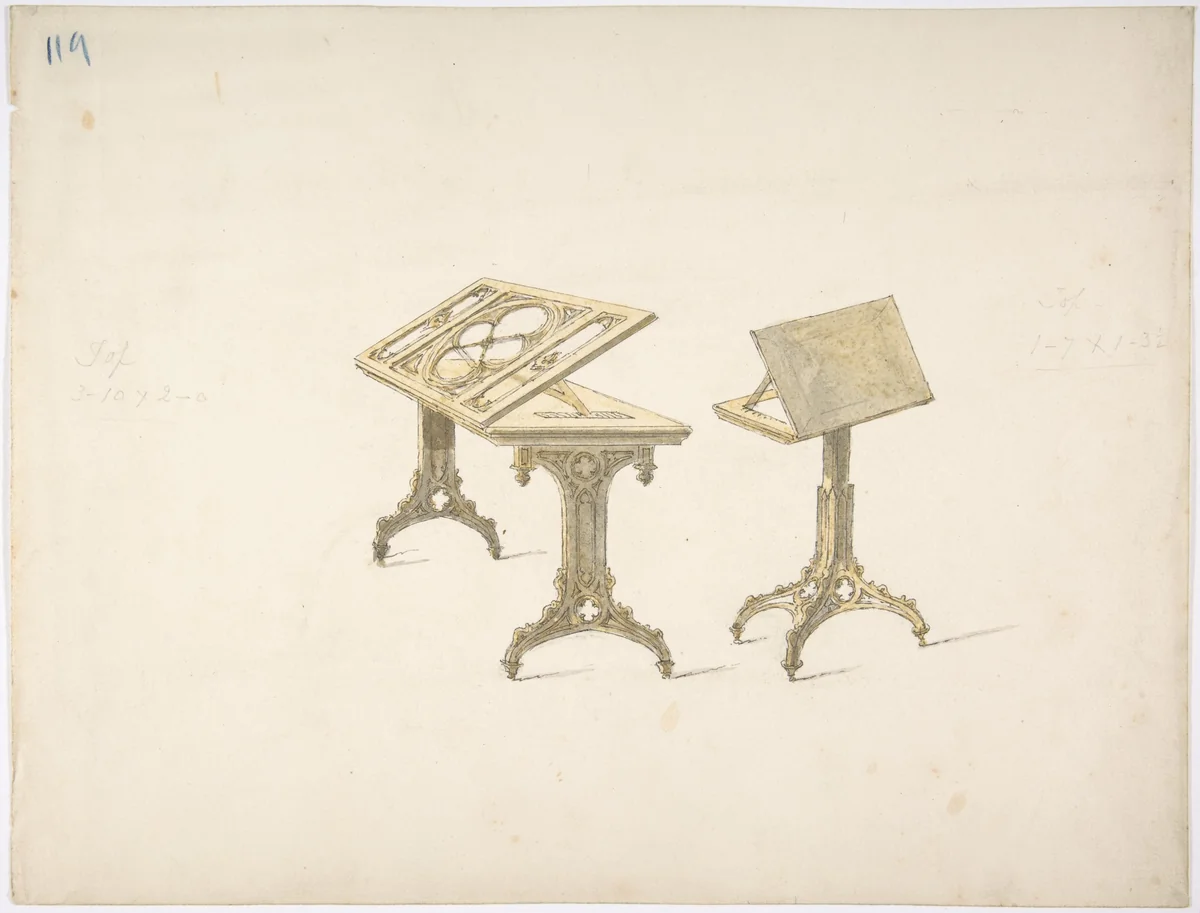 Design for Two Bookstands on Casters by anonymous, drawing, 1800-1850