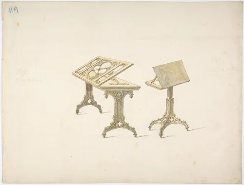 Design for Two Bookstands on Casters by anonymous, drawing, 1800-1850