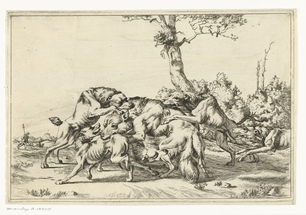 Wolf aangevallen door vijf jachthonden by anonymous, print, 1761-1890