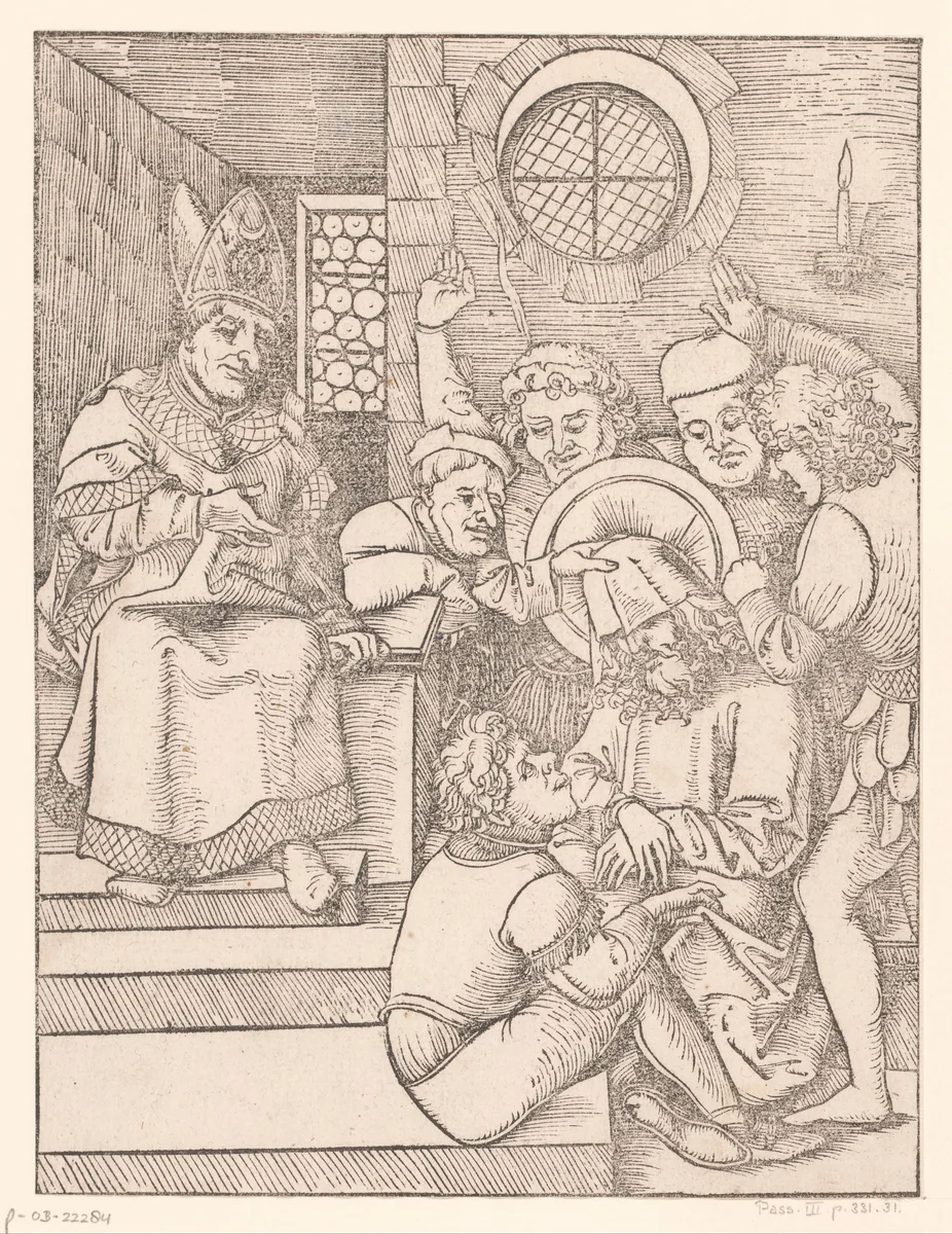 Christus voor Kajafas by anonymous, print, 1490-1526