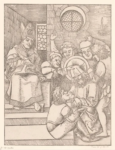 Christus voor Kajafas by anonymous, print, 1490-1526