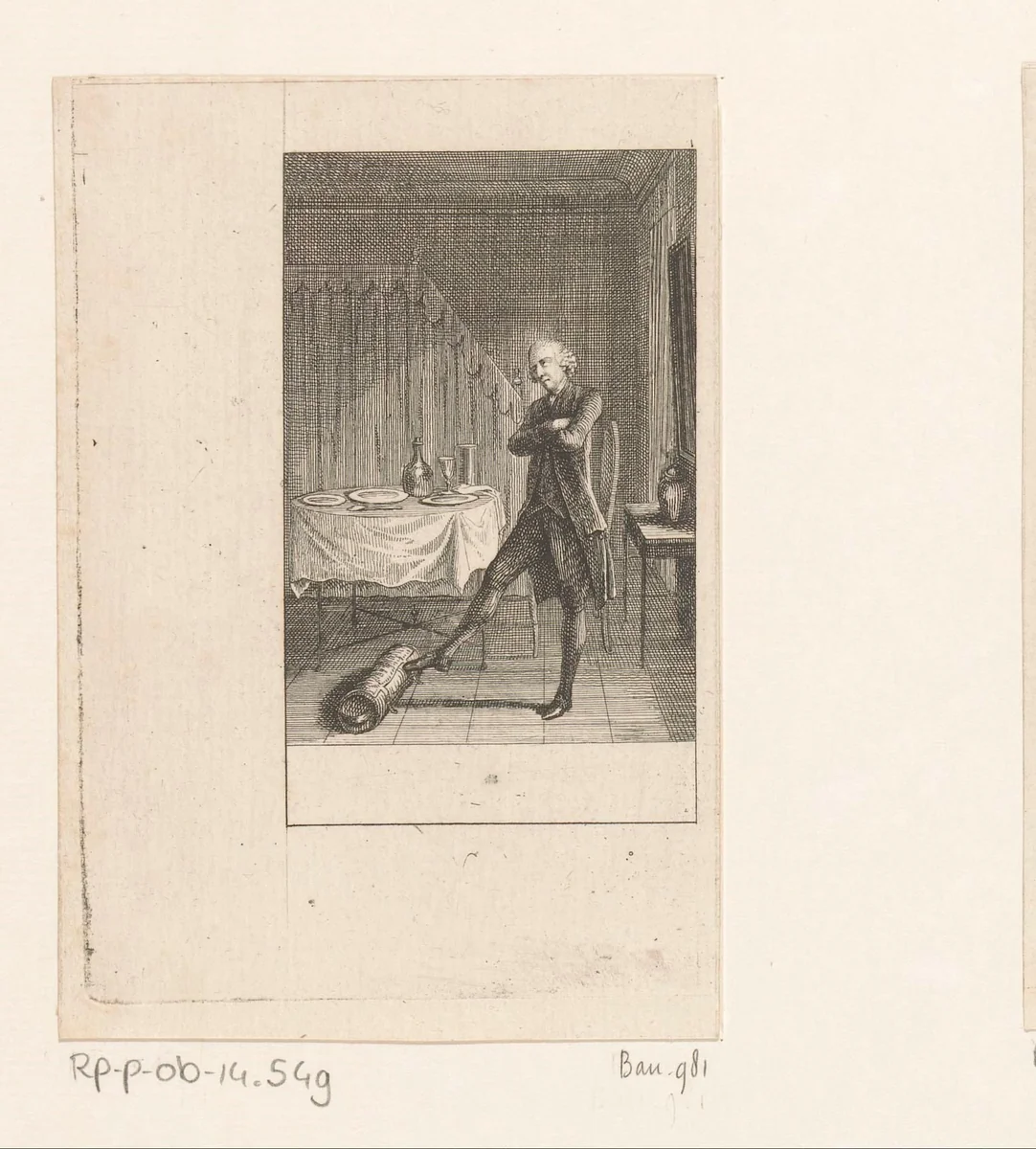 Yorick overdenkt het leven terwijl hij zijn bagage rond rolt by Daniel Nikolaus Chodowiecki, print, 1783