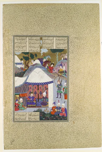 "Zal Questions Sam's Intentions Regarding the House of Mihrab", Folio 81v from the Shahnama (Book of Kings) of Shah Tahmasp by Abu'l Qasim Firdausi, manuscript, 1500-1555
