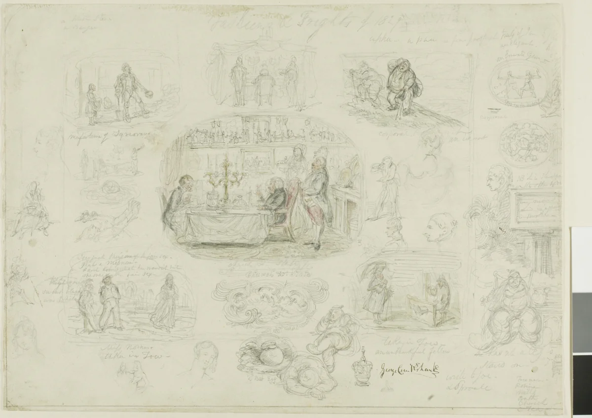 Fashions and Frights of 1829 (recto); Angels Ever Bright and Fair (verso) by George Cruikshank, drawing, 1829-1878