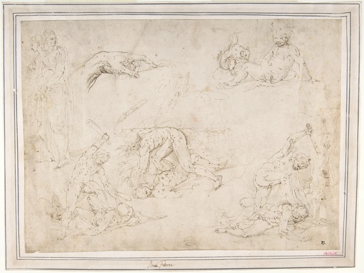 Figure Studies: Three Sketches of Cain Killing Abel, with an Altar of Sacrifice at Center, Two Standing Women, a Hand, and a Seated Child with a Squirrel by Battista Franco, drawing, 1510-1561