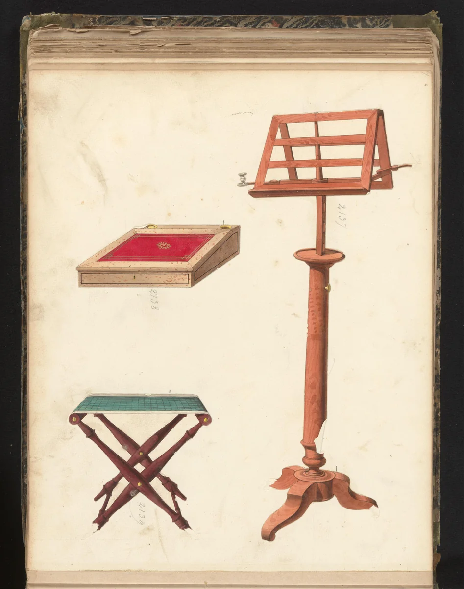 Drie ontwerpen, een muzieklessenaar, een vouwstoel en een lessenaar met inktstel by anonymous, drawing, 1825-1839