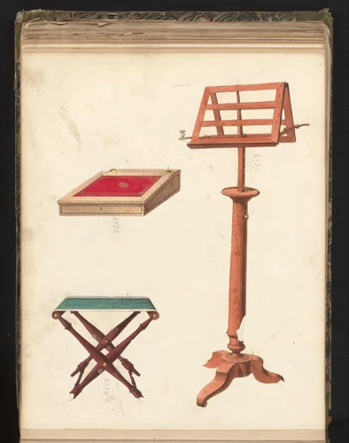 Drie ontwerpen, een muzieklessenaar, een vouwstoel en een lessenaar met inktstel by anonymous, drawing, 1825-1839