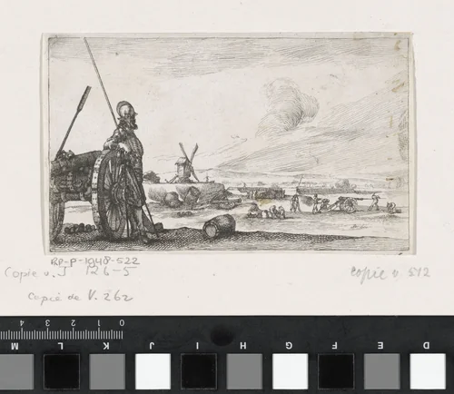 Soldaat met speer leunend tegen een kar by anonymous, print, 1620-1664