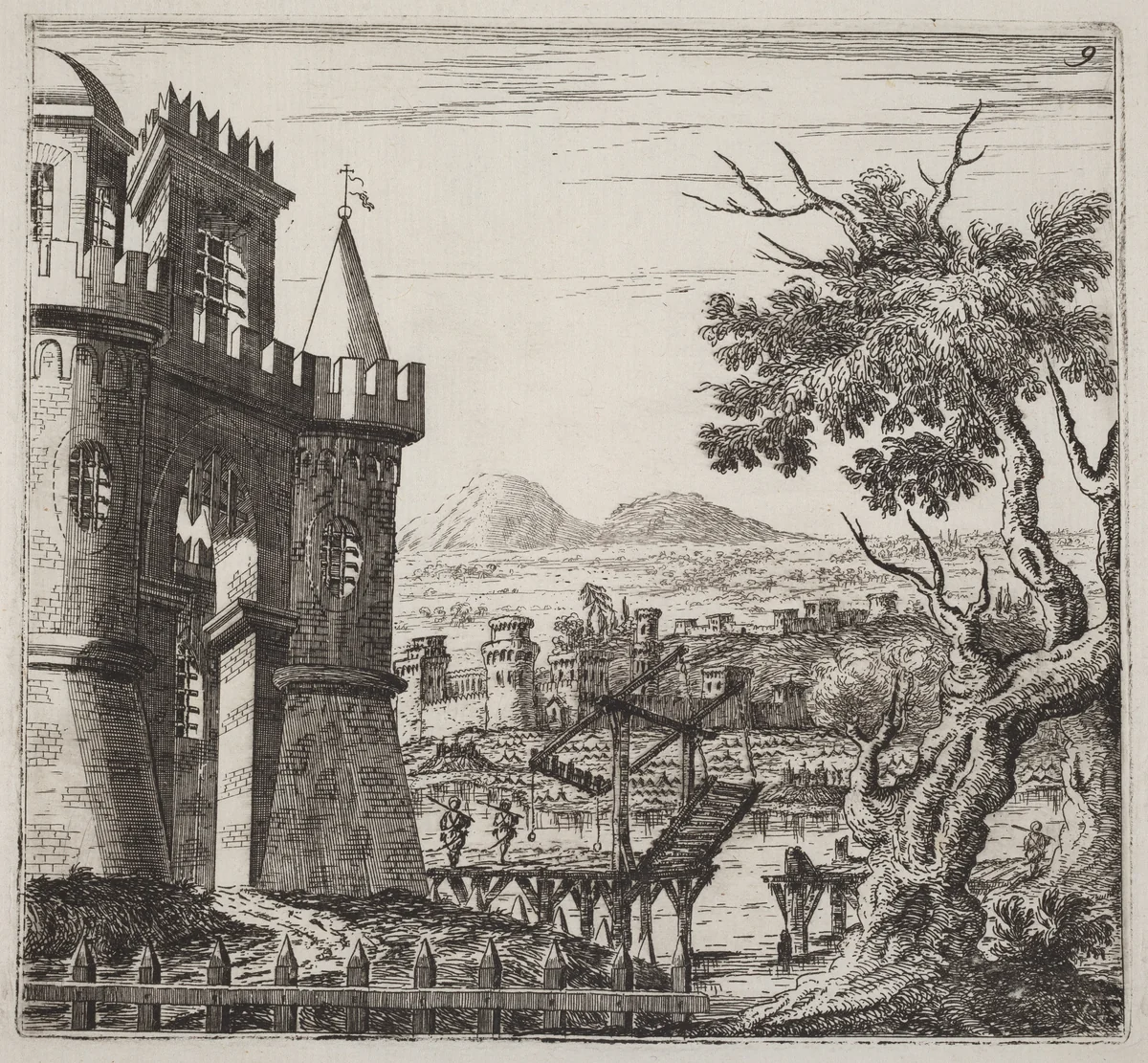 Landscape with a Castle and a Drawbridge by Giuseppe Antonio Landi, print, 1719-1753