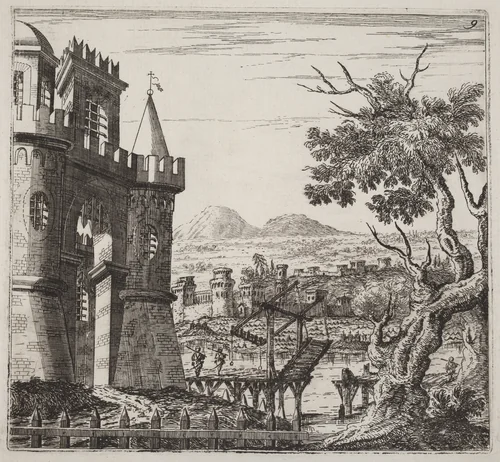 Landscape with a Castle and a Drawbridge by Giuseppe Antonio Landi, print, 1719-1753