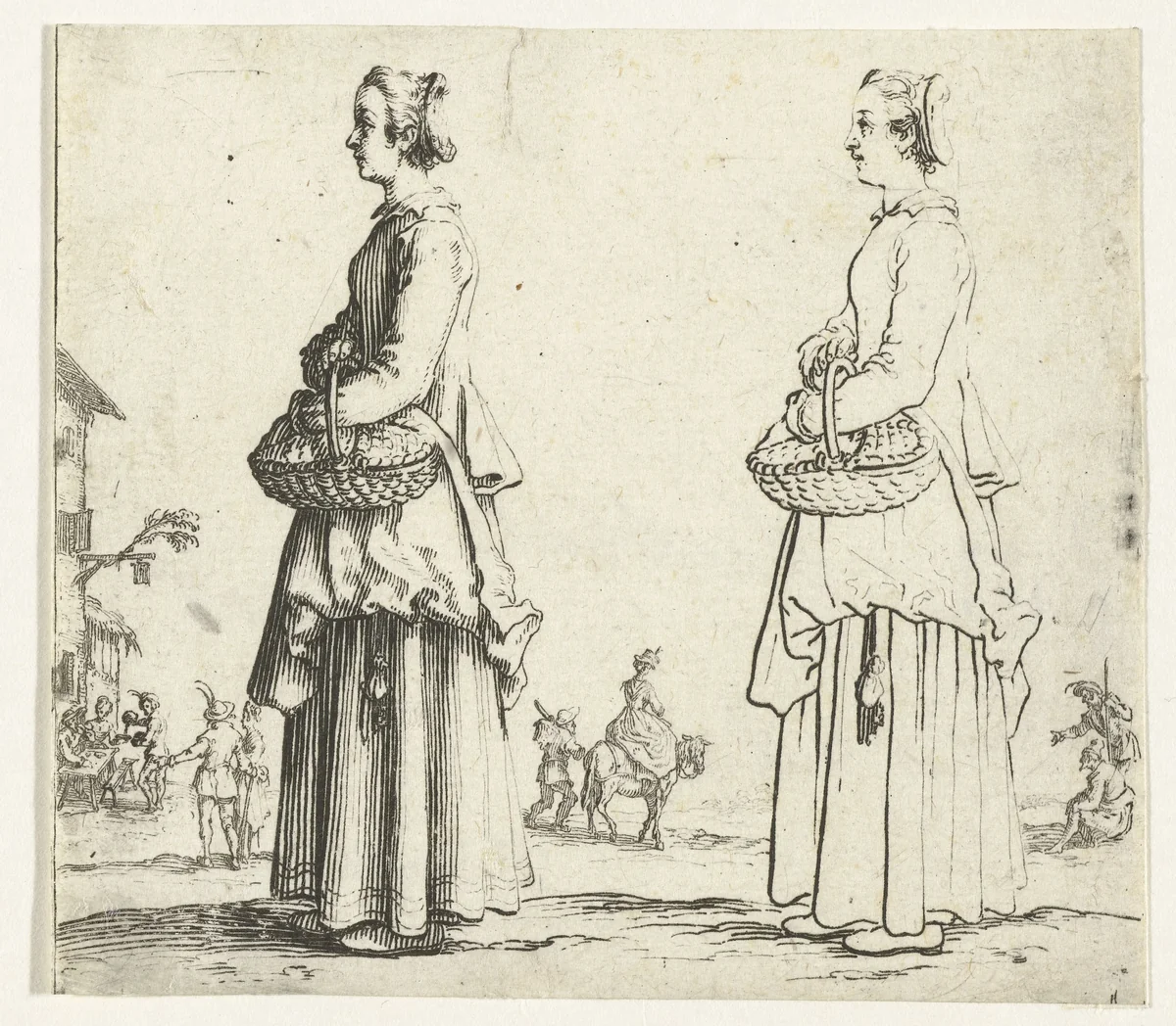 Tweemaal dezelfde boerin met rieten mand, op de linkerzijde gezien by Jacques Callot, print, 1621-1624