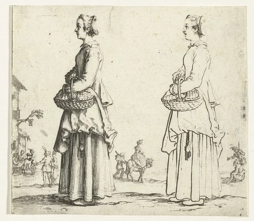 Tweemaal dezelfde boerin met rieten mand, op de linkerzijde gezien by Jacques Callot, print, 1621-1624