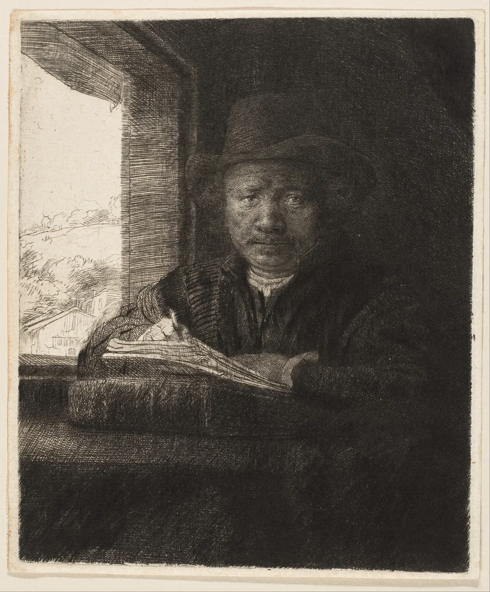 Self-Portrait Etching at a Window by Rembrandt van Rijn, print, 1648