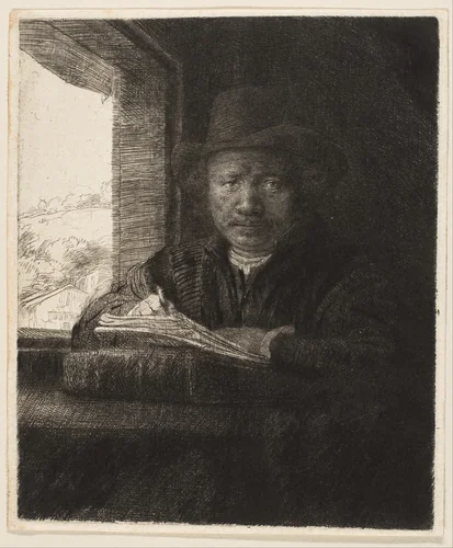 Self-Portrait Etching at a Window by Rembrandt van Rijn, print, 1648