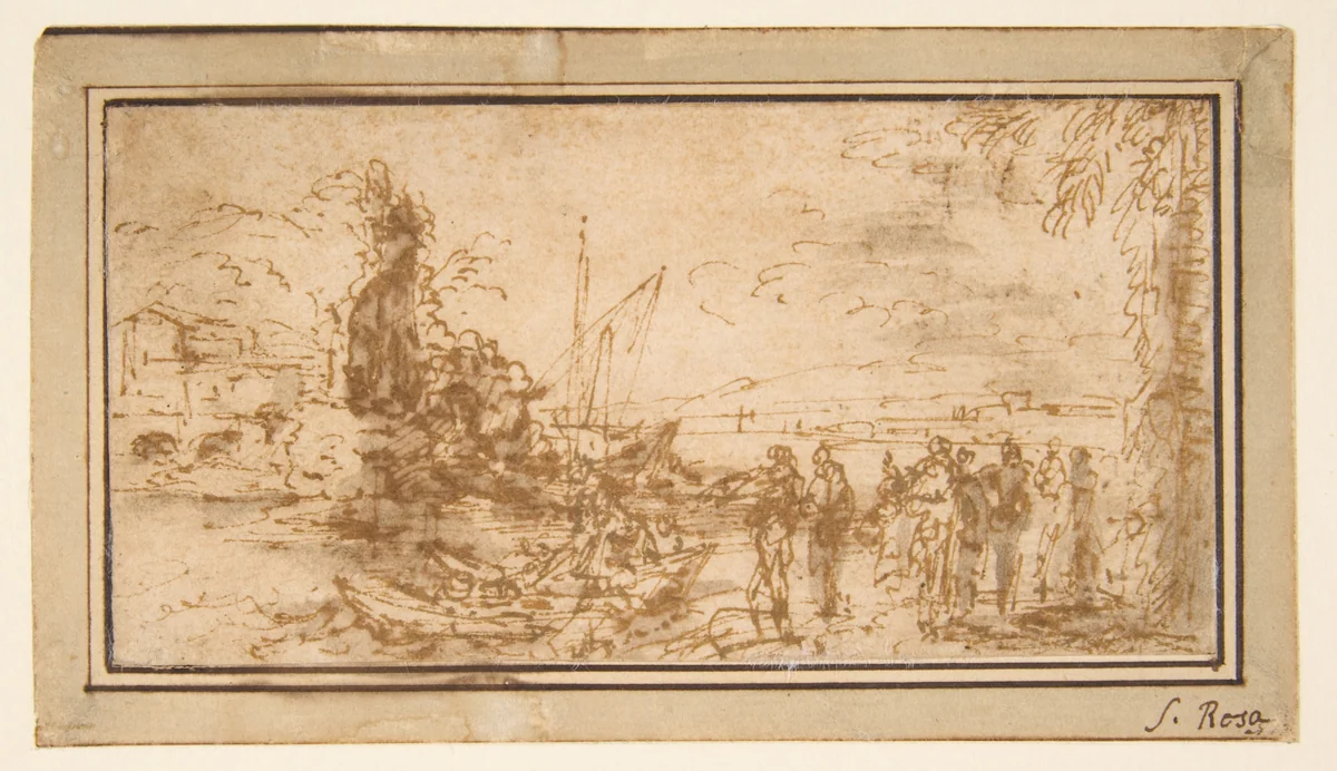 Marine landscape with figures by Salvator Rosa, drawing, 1615-1673
