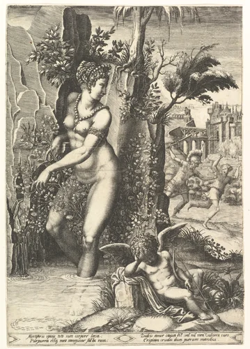 Venus pricked by the thorns on a rose bush, in the background Mars chasing Adonis, in the foreground winged cupid resting by Giorgio Ghisi, print, 1556