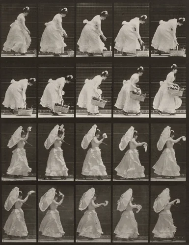 Plate Number 483. A: Lifting a basket. B: Running and waving a handkerchief by Eadweard Muybridge, photograph, 1887