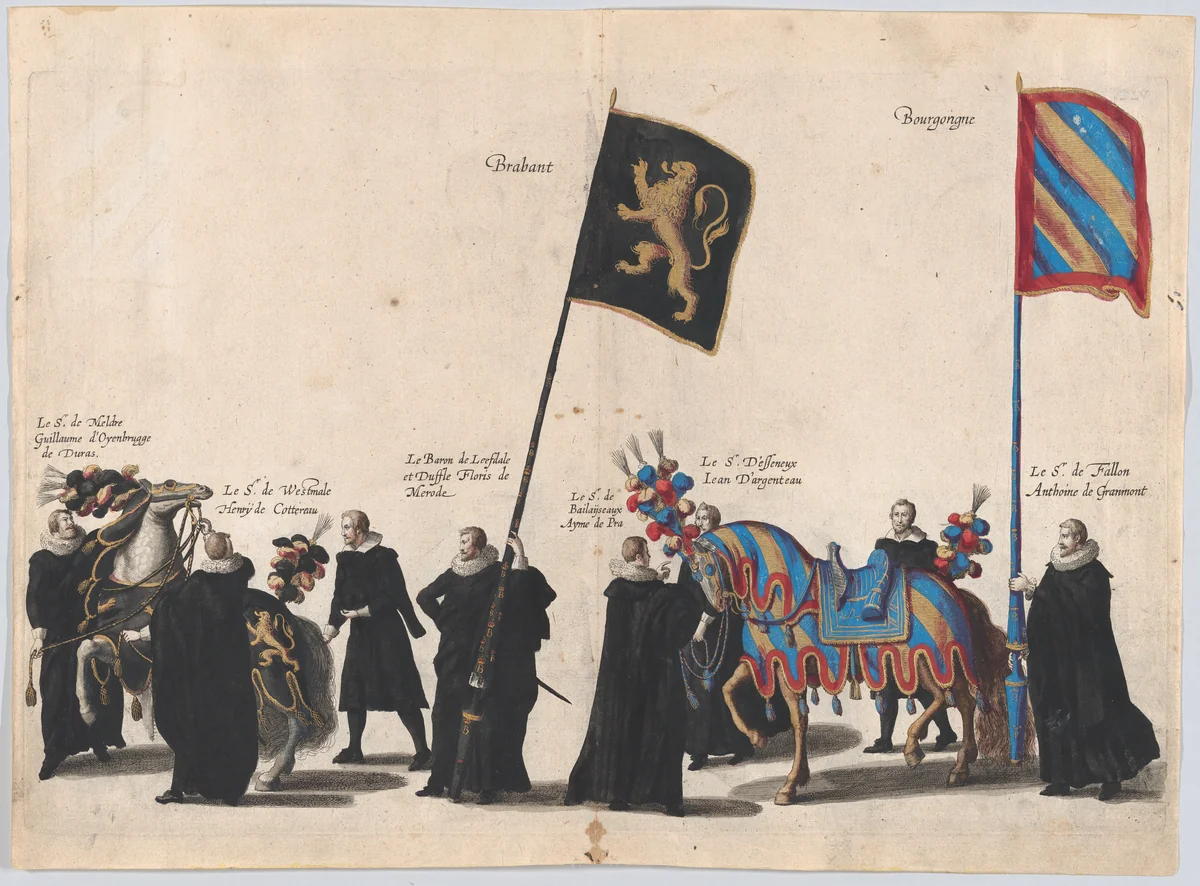 Plate 45: Men with heraldic flags and horses from the House of Brabant and Burgundy marching in the funeral procession of Archduke Albert of Austria; from 'Pompa Funebris ... Alberti Pii' by Cornelis Galle, print, 1623