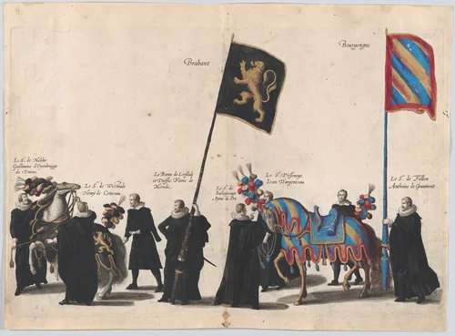 Plate 45: Men with heraldic flags and horses from the House of Brabant and Burgundy marching in the funeral procession of Archduke Albert of Austria; from 'Pompa Funebris ... Alberti Pii' by Cornelis Galle, print, 1623