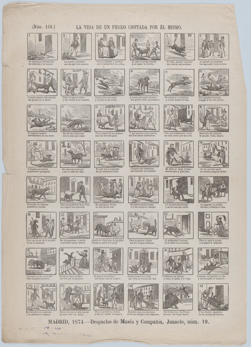 Broadside with 48 scenes relating to the life of a dog told by himself by José María Marés, print, 1874
