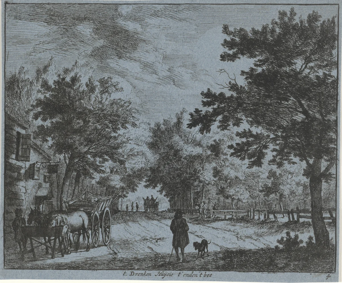 Figuren en boerenkarren bij een herberg by Jan Vincentsz. van der Vinne, print, 1688-1690