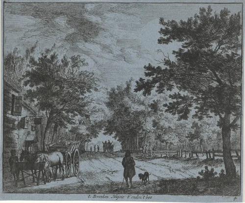 Figuren en boerenkarren bij een herberg by Jan Vincentsz. van der Vinne, print, 1688-1690