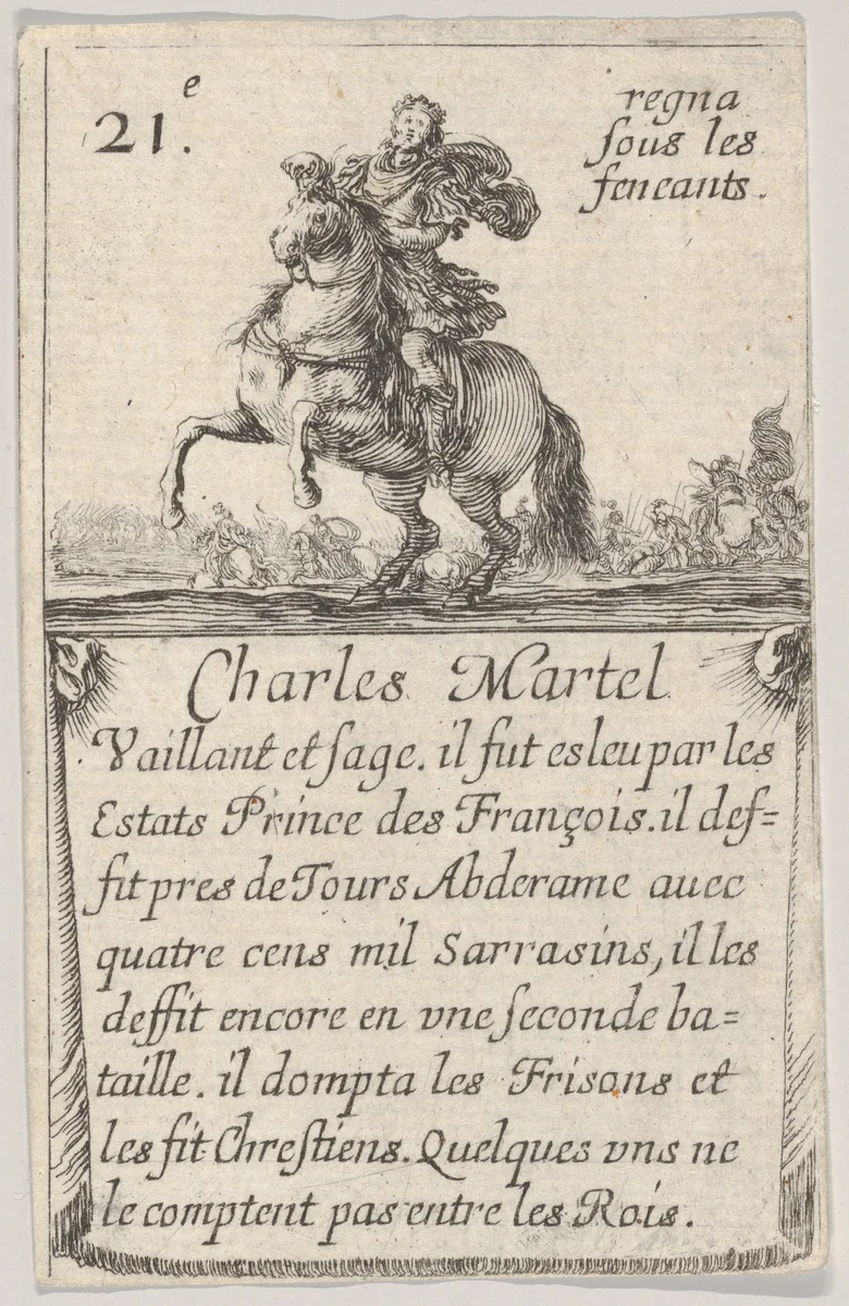Charles Martel / Vaillant et sage..., from "Game of the Kings of France" (Jeu des Rois de France) by Stefano della Bella, print, 1644