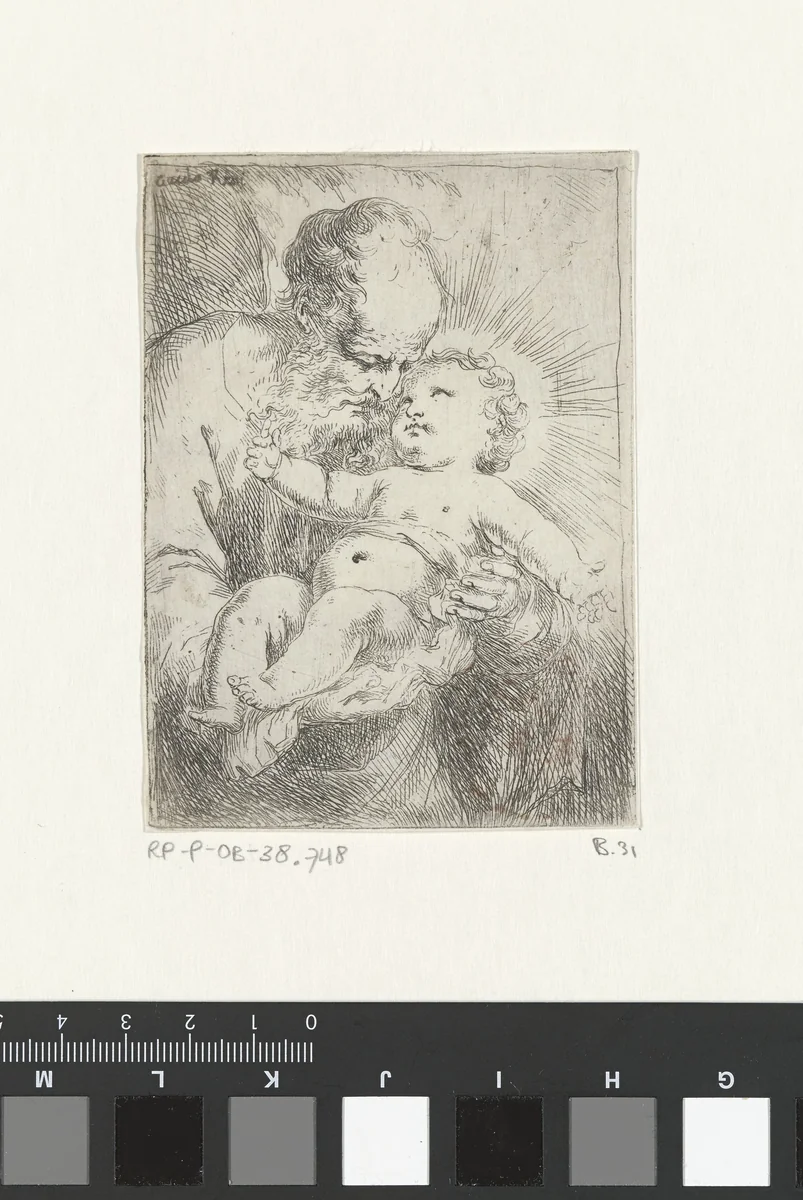 Jozef met het Christuskind in zijn armen by Bartolomeo Biscaino, print, 1642-1657