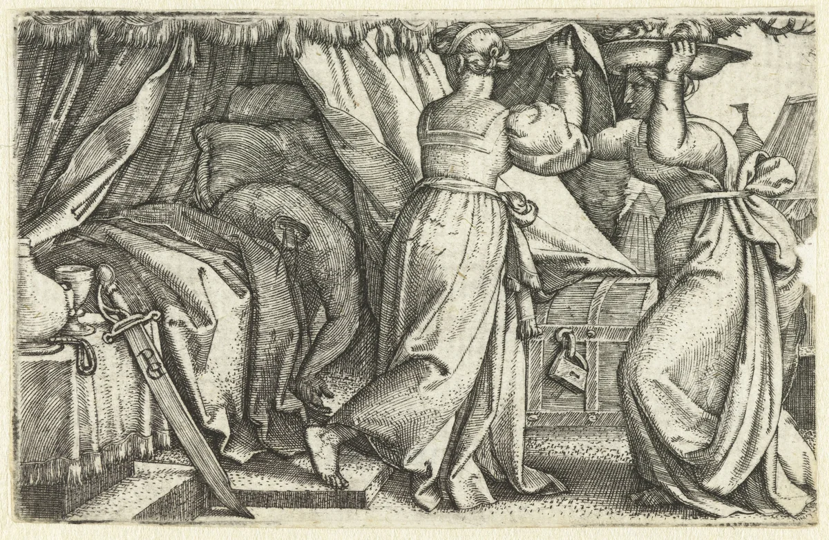 Judith en haar diensmaagd met onthoofde Holofernes by Unknown, print, 1539-1543