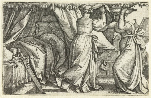 Judith en haar diensmaagd met onthoofde Holofernes by Unknown, print, 1539-1543
