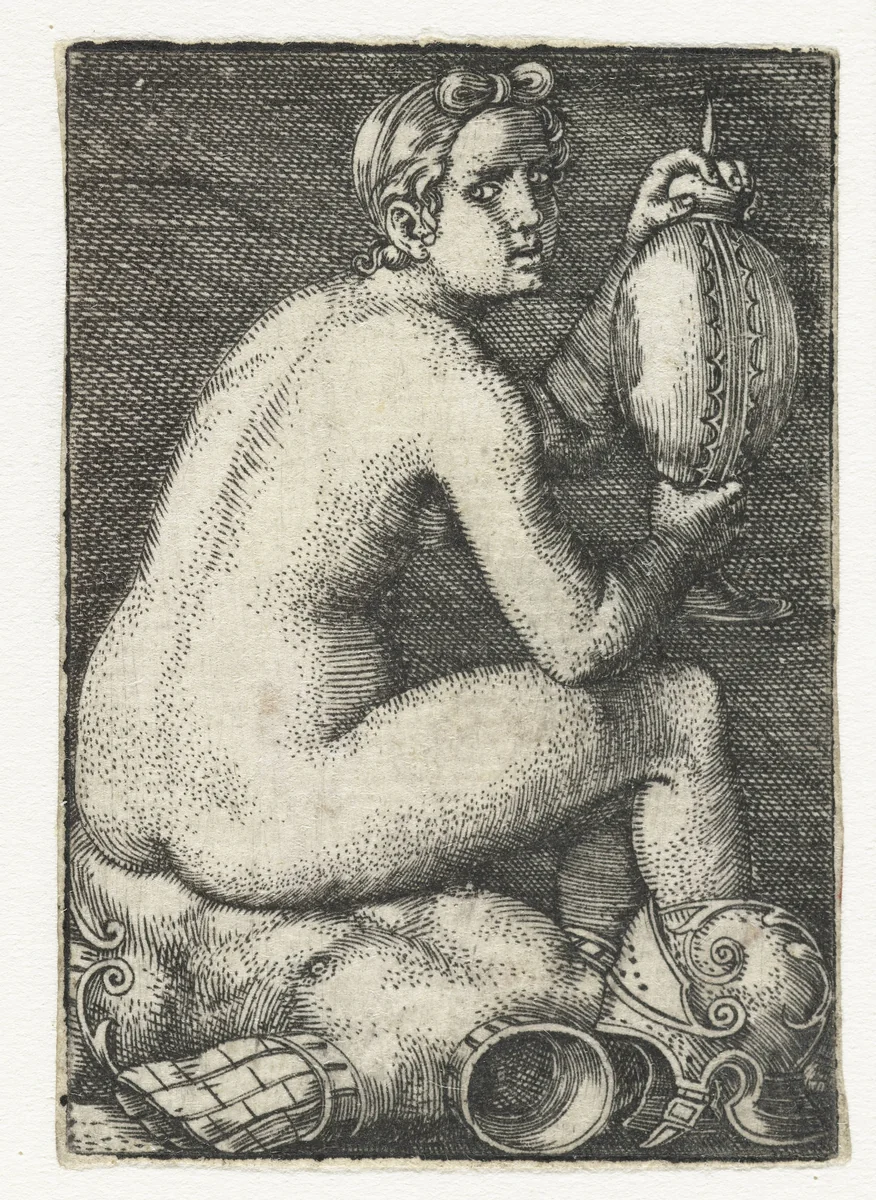 Naakte vrouw zittend op wapenrusting by Barthel Beham, print, 1512-1540