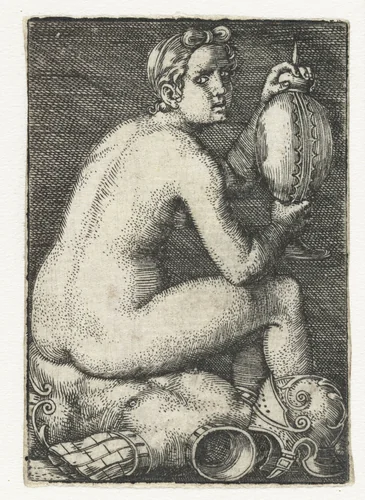 Naakte vrouw zittend op wapenrusting by Barthel Beham, print, 1512-1540