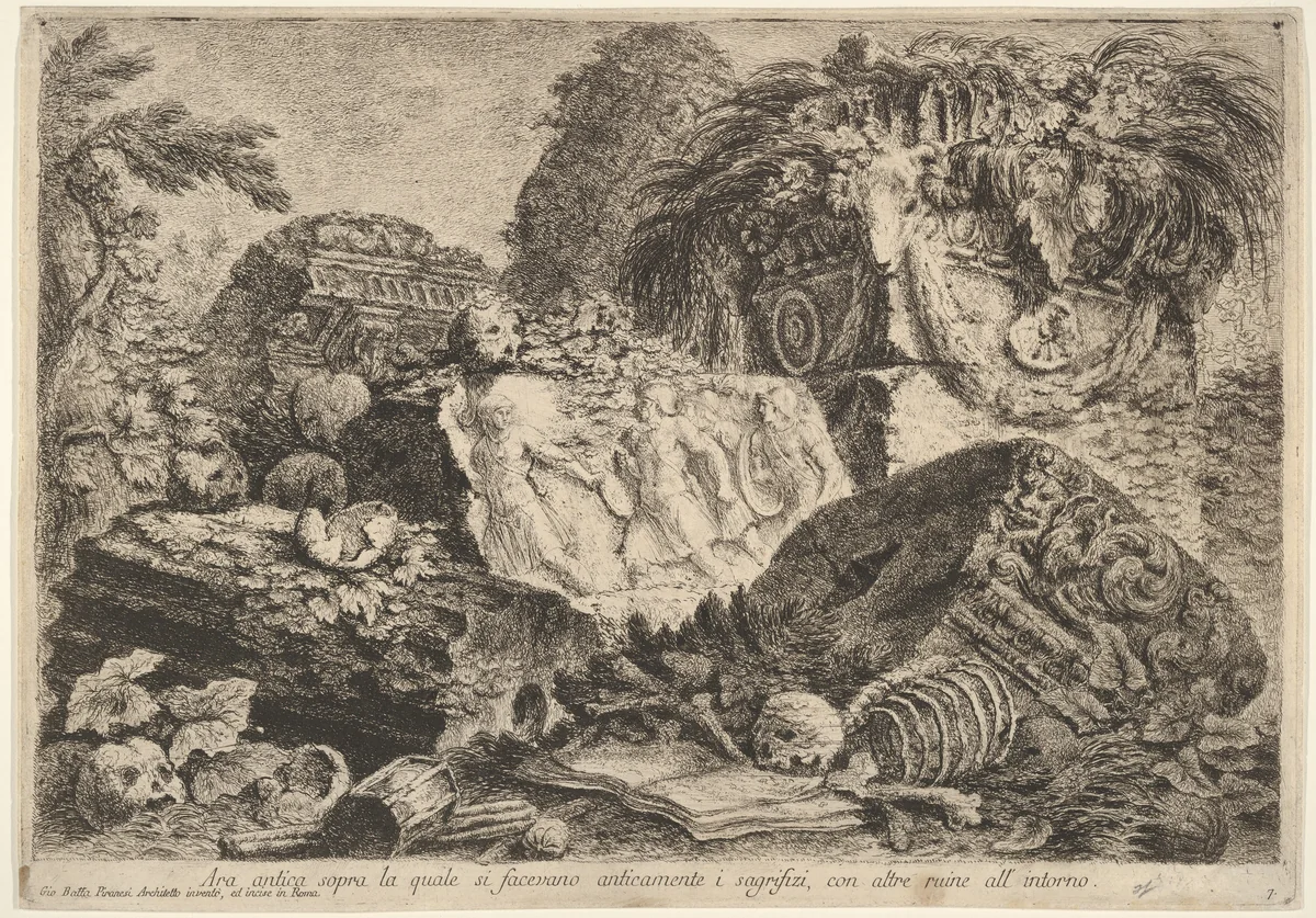 Plate 7: Ancient altar on which sacrifices were performed in antiquity, surrounded by other ruins (Ara antica sopra la quale si facevano anticamente i sagrifizi, con altre ruine all' intorno), from "Part one of architecture and perspectives: drawn and etched by Gio. Batt'a Piranesi, Venetian Architect: dedicated to Nicola Giobbe" (Prima parte di Architetture, e prospettive inventate, ed incise da Gio. Batt'a Piranesi Architetto Veneziano dedicate al Sig. Nicola Giobbe) by Giovanni Battista Piranesi, print, 1743