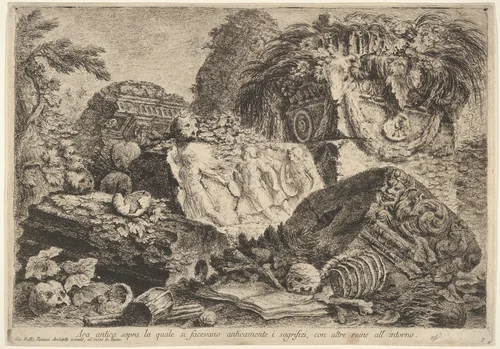 Plate 7: Ancient altar on which sacrifices were performed in antiquity, surrounded by other ruins (Ara antica sopra la quale si facevano anticamente i sagrifizi, con altre ruine all' intorno), from "Part one of architecture and perspectives: drawn and etched by Gio. Batt'a Piranesi, Venetian Architect: dedicated to Nicola Giobbe" (Prima parte di Architetture, e prospettive inventate, ed incise da Gio. Batt'a Piranesi Architetto Veneziano dedicate al Sig. Nicola Giobbe) by Giovanni Battista Piranesi, print, 1743