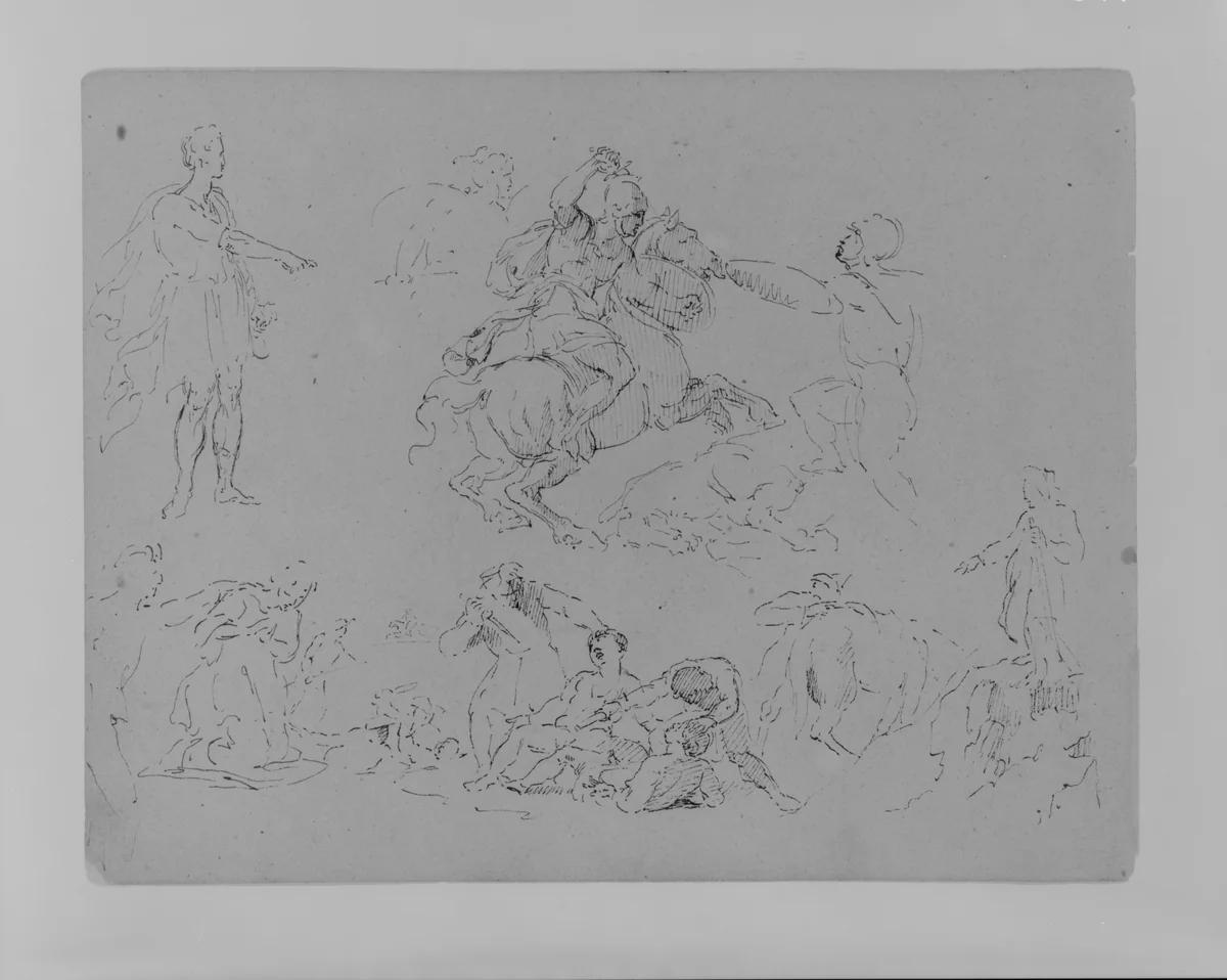 Figure Sketches, Including Battling Equestrain, Roman Caesar Type Pointing, Bloody Brawl, Etc. (from Sketchbook) by Thomas Sully, artwork, 1810-1820