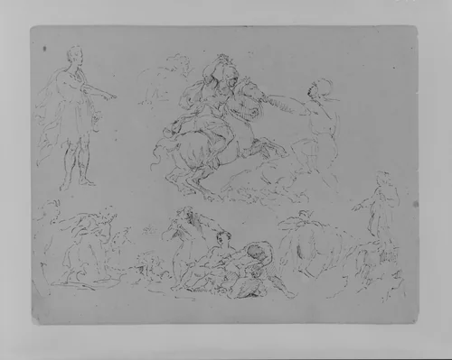 Figure Sketches, Including Battling Equestrain, Roman Caesar Type Pointing, Bloody Brawl, Etc. (from Sketchbook) by Thomas Sully, artwork, 1810-1820