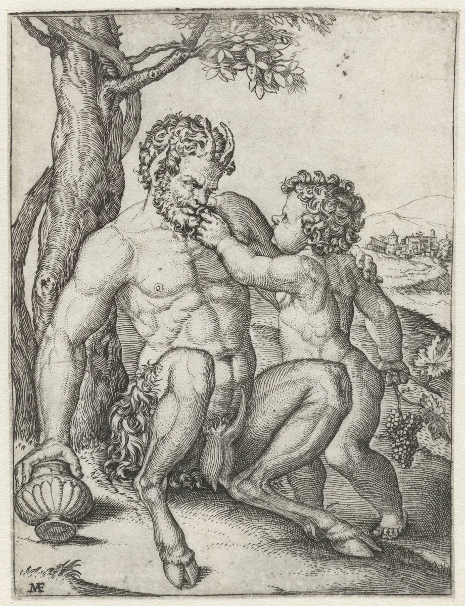 Pan met drinkbeker en Bacchus als kind met druiventros by Unknown, print, 1515-1516