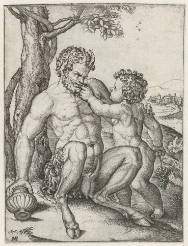 Pan met drinkbeker en Bacchus als kind met druiventros by Unknown, print, 1515-1516