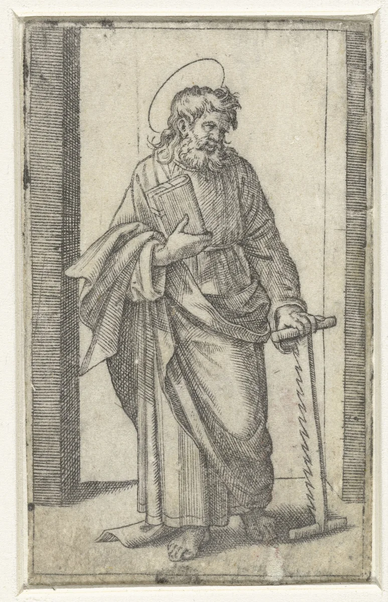 Apostel Simon Zelotes met zaag by Marcantonio Raimondi, print, 1517-1527
