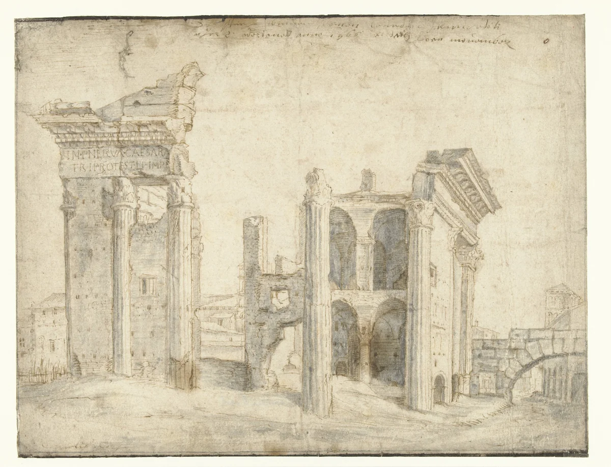 Gezicht op het Forum van Nerva by Cornelis Cort, drawing, 1566