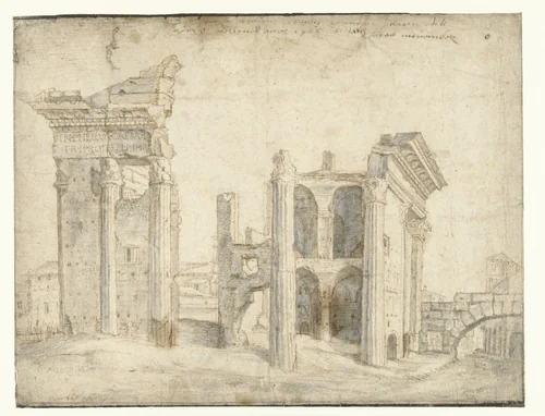 Gezicht op het Forum van Nerva by Cornelis Cort, drawing, 1566