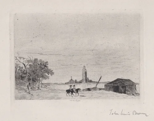 Two horsemen, with belfry in background and barn at right by John Lewis Brown, print, 1847-1890