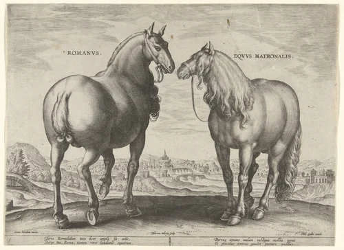 Paard uit Rome en een draagmerrie by Unknown, print, 1583-1587